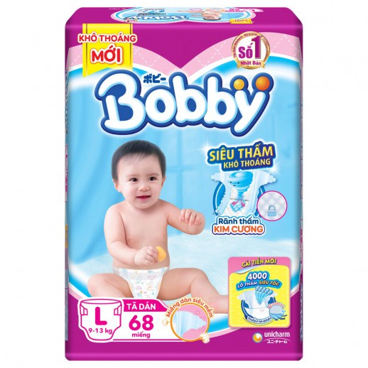 Bỉm tã dán Bobby siêu thấm size L, 68 miếng (9-13kg)